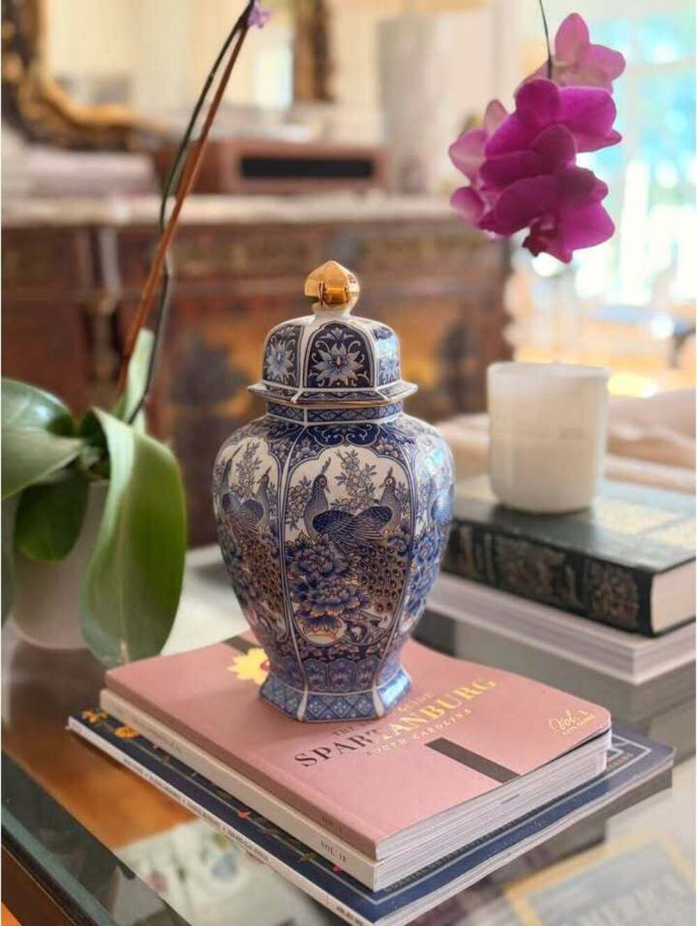 Blue & White Peacock Ginger Jar with Gold-Tone Finial